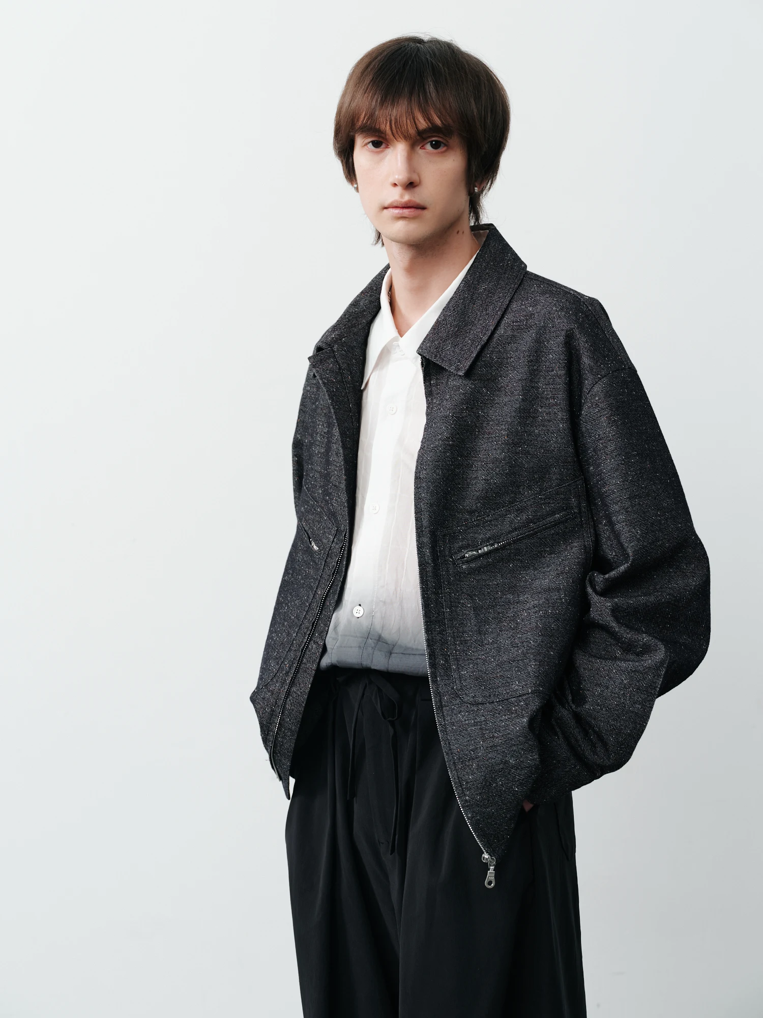 点子織り混合素材の重厚なポケットジャケット：クール系ファッション メンズのレトロカジュアルスタイル