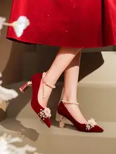 中式デザインの結婚式用ハイヒール【赤・粗いヒール・妊婦対応・リボン付き】