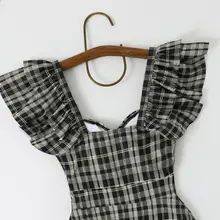 ワンピース水着 レディース チェック柄 フライングスリーブ 体型カバー 着痩せ 露出控えめ 小胸 ヴィンテージ 温泉 スパ プール