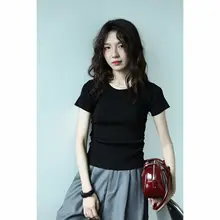 ストライプニットポロ衿ラウンドネックTシャツ【女性用・ショートスリーブ・体型カバー・夏用】