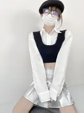 レディース 短丈ストライプニットシャツ＆重ね着ベストセット