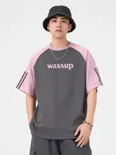 半袖Tシャツ メンズ 3本ライン テープデザイン バイカラー レタープリント オーバーサイズ ストリート スポーツ 夏「WASSUP」