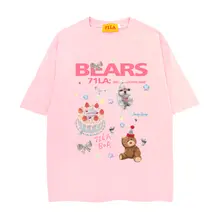カジュアルなクマのバースデーパーティーTシャツ【アメリカンヴィンテージ・かわいいカートゥーンプリント・ゆったりサイズ】