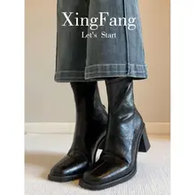 牛革製 ヴィンテージ風 ハイヒール ショートブーツ【スクエアトゥ・太ヒール・厚底】