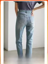 春の薄手ハイウエストストレートデニムパンツ【梨型シルエット・九分丈・浅い青】