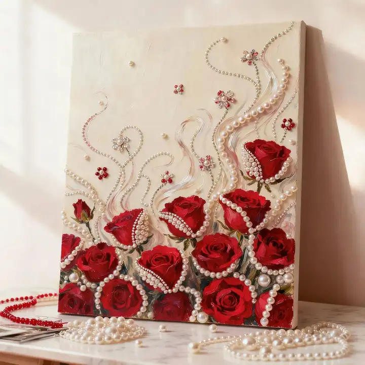 手作りの薔薇のDIYパールダイヤモンド画【高級感ある装飾画・風景花卉デザイン】