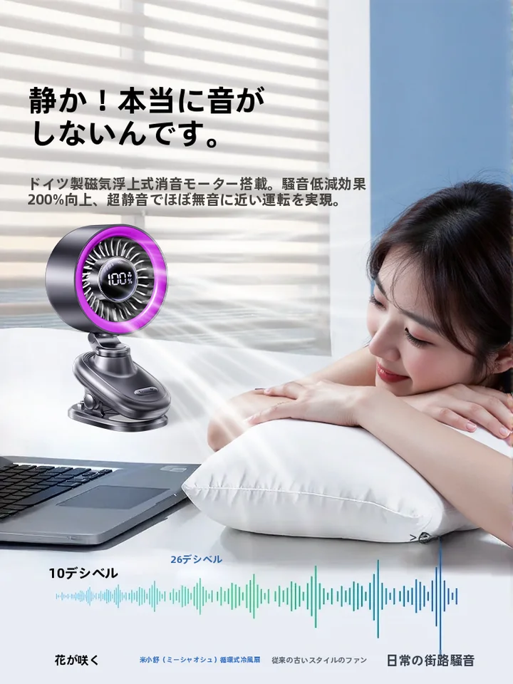 静音デスクファン【USB充電・クリップ式・コンパクト・省エネ・学生寮用】