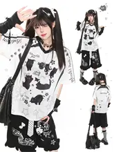 Tシャツ レディース 半袖 猫柄 Vネック ルーズ オーバーサイズ サブカル スポーティー 甘辛MIX 夏