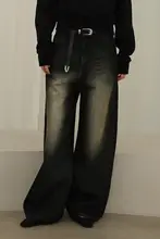 ヴィンテージ風 ストレートワイドデニムパンツ【ハイウエスト・ブラック・スリム効果・米白】