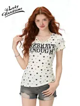 Vネックの星柄プリント半袖Tシャツ【レディース・フィット感のあるデザイン・カジュアル】