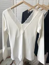 方形ネックリブコットン長袖インナートップス【バストパッド付き・秋用】