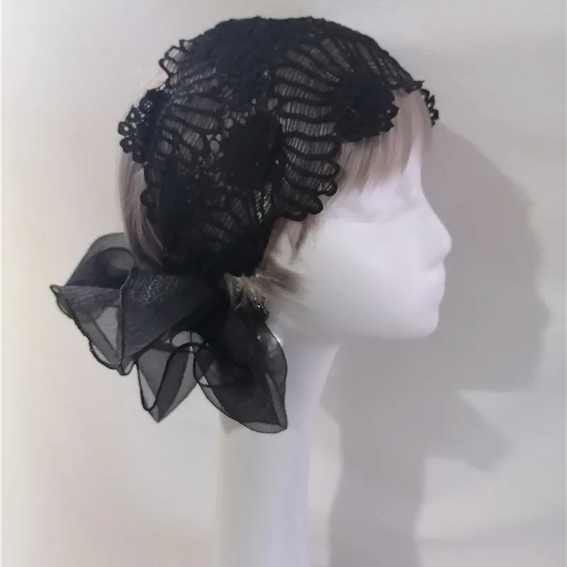 レトロデザインの黒いレース幅広ヘアバンド：白髪隠しに最適なオリジナルデザインのヘアキャップ