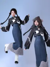 かわいらしいデザインのニット風旗袍ロングドレス【秋冬用・厚手・ストレッチ】（セットアップ対応）