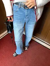 シンプルなデザインのハイウエストデニムパンツ【レディース・ストレート・ワイドレッグ】（セットアップ対応）