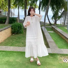 米白色のゆったりとしたウエストリボン付きフレアワンピース【清楚なデザイン・夏用】