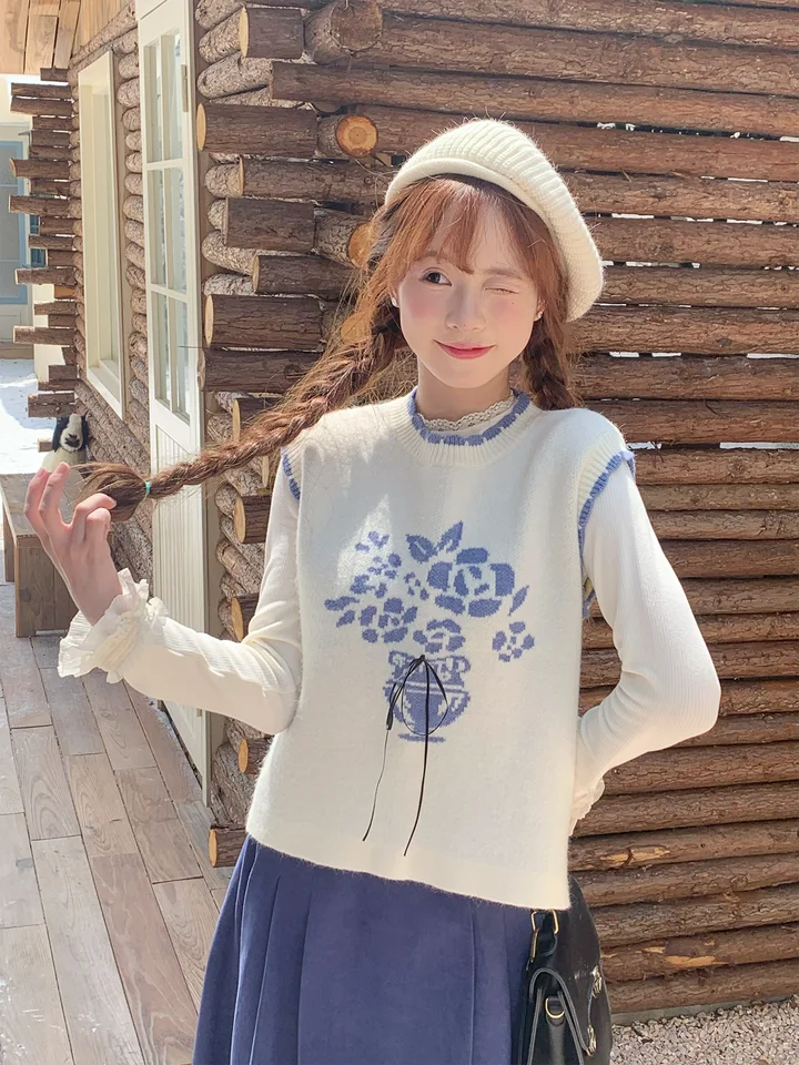ブルーフラワー ニットベスト【春用・女性・フラワーデザイン】（セットアップ対応）