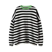 ストライプ デザインのラウンドネック カシミヤニット【ゆったりとしたシルエット・秋冬用・白鹅绒】（セットアップ対応）