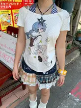 Tシャツ レディース フェイクレイヤード ワイドネック 紺白ストライプ 水玉 少女プリント「1moresheep」