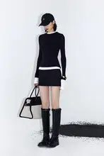 ourhour 色違い切り替えデザインのブラックレイサール風2重仕立てタイトトップス【女性用・秋季】