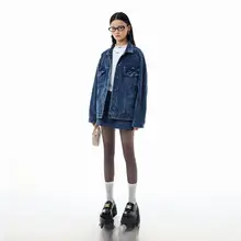 春秋用スタイリッシュデニムコーデュロイ短丈ジャケット【ブルー・女性用】