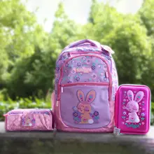 学校に最適！ピンクのウサギデザインの学生用リュックサック【文房具入れ・ダブルショルダー】（セットアップ対応）