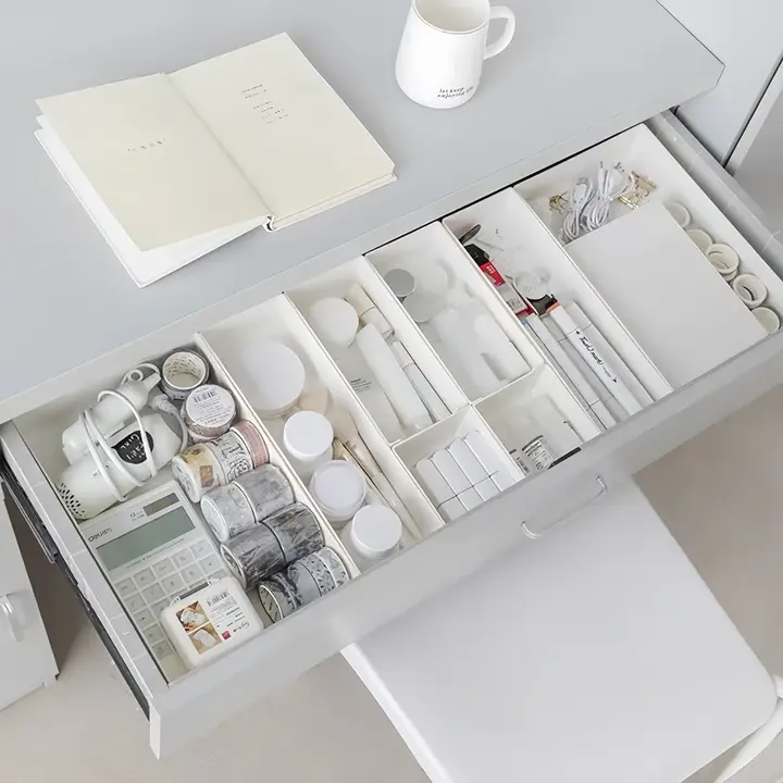 デスク用 抽出式仕切り収納ボックス【プラスチック製・文房具用・長方形】