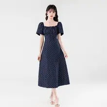 レース付きフレンチスタイルのリボンデザインドレス【夏用・薄手・ドレープ感】