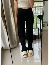 高身長向けロングブラックデニムパンツ【ストレート・ハイストリートデザイン・ワイドレッグ】