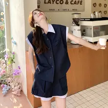 黒の工装風トップスとショートパンツ【ストライプデザイン・ゆったりシルエット・夏用】（セットアップ対応）