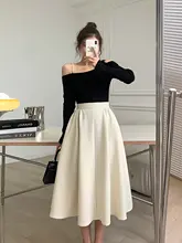 デザイン性のあるプリーツフレアスカート【フランス風・ハイウエスト・ブラック】