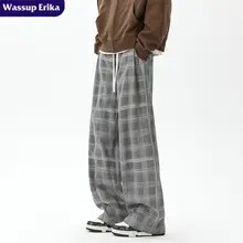 カジュアルチェック柄 メンズワイドレッグパンツ【夏用・レトロデザイン】