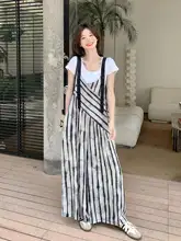 カジュアルTシャツ付きストライプサロペットパンツ【夏用・ロング丈・フィット】（セットアップ対応）