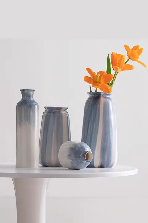 手描き青色シンプル陶器製フラワーベース【乾燥花・インテリア装飾用・高級感】