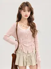 トップス レディース ニット ピンク ギャザー 韓流 ガーリー きれいめ 春 「XinmonLee」