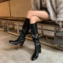 トレンド杢長靴【女性用・粗ヒール・膝下丈・エラスティック・ライダータイプ】