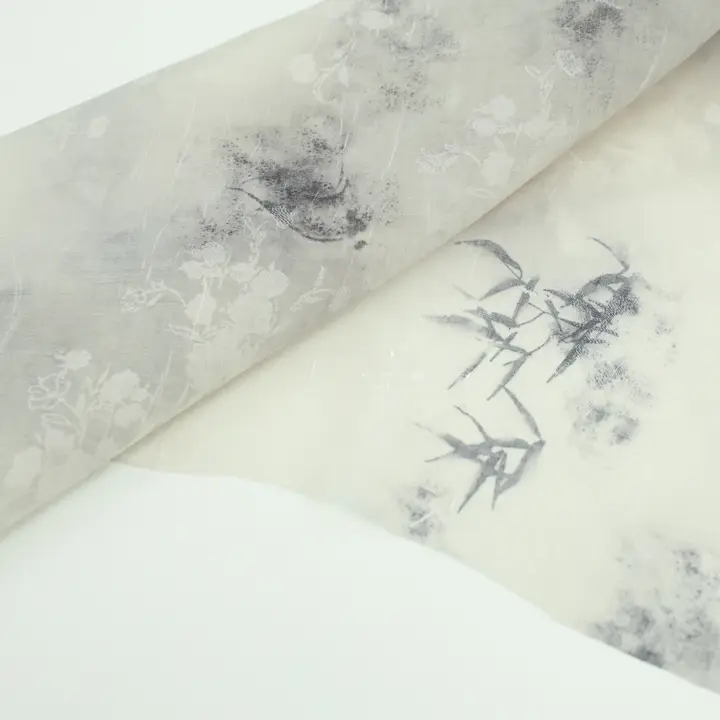 古風薄手半透明布地【淡灰色・水墨風竹葉柄・化繊テンサル製・和服用】
