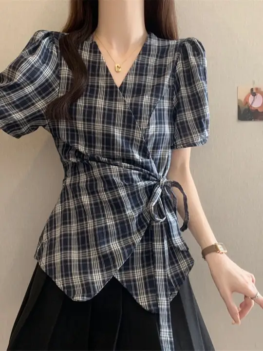 極上の柔らかさのチェック柄 半袖シャツ【女性用・ウエストシェイプデザイン】（セットアップ対応）