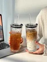 大容量 蓋付きストローグラス【透明・コーヒー用・オフィス向け】