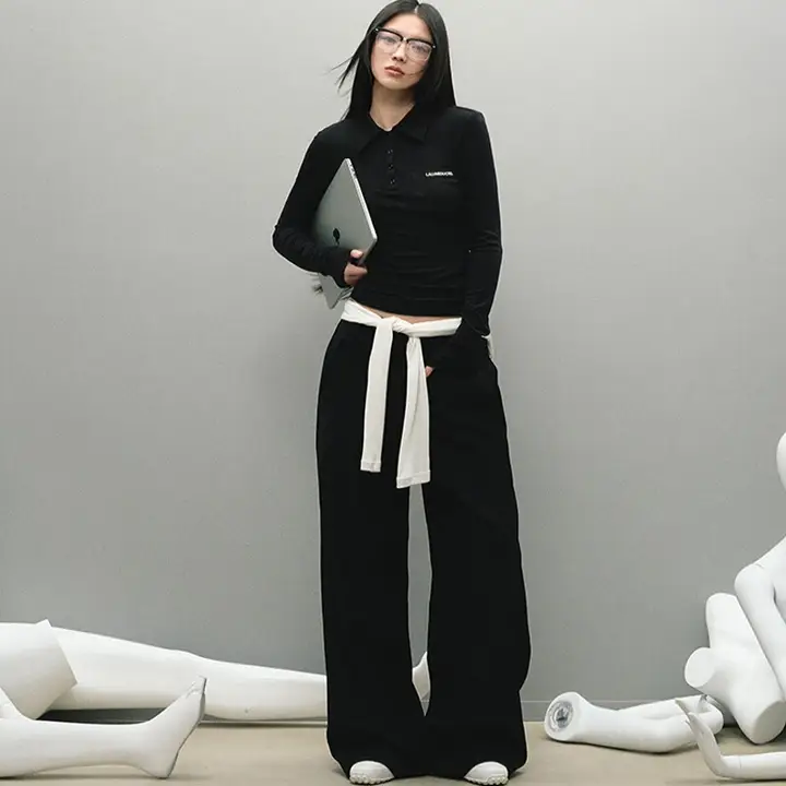 LaluneDuCiel 無地カジュアルポロシャツ【女性用・長袖・体型を気にせず着用可能】