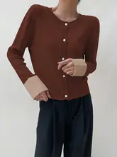 デザイン性に優れたレトロ風丸首カラー切替長袖ニットカーディガン【秋冬・女性用・スリムフィット  ・多用途】