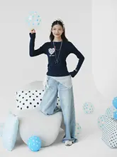 秋用ドット柄ハート刺繍長袖トップス【スリムフィット・女性用】