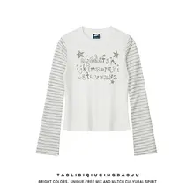 アメリカンレトロ風 ストライプ柄長袖Tシャツ【春用・Y2Kスタイル・スリムフィット・カジュアル】（セットアップ対応）