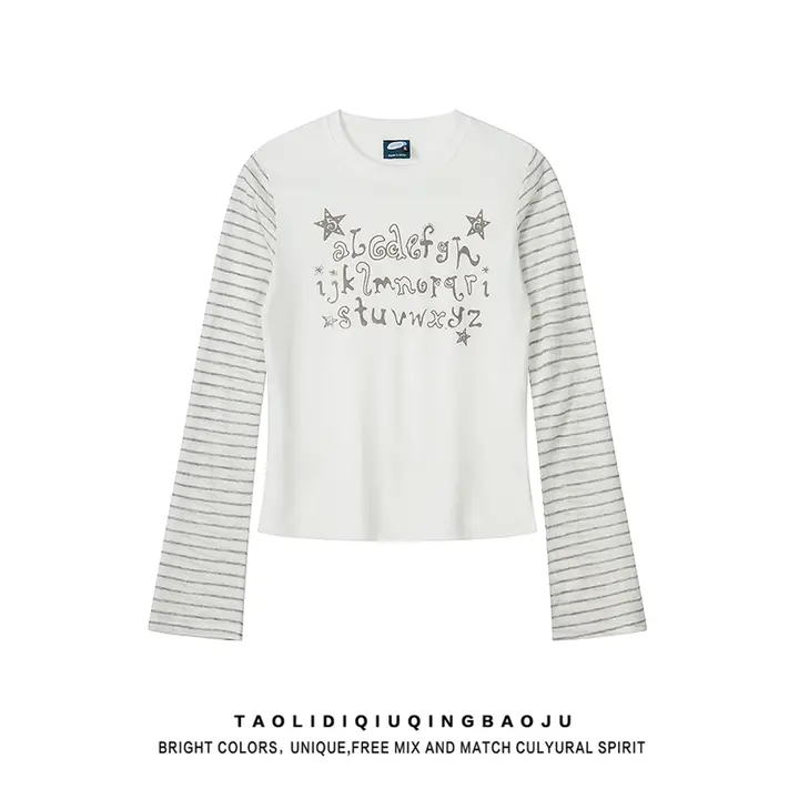 アメリカンレトロ風 ストライプ柄長袖Tシャツ【春用・Y2Kスタイル・スリムフィット・カジュアル】（セットアップ対応）