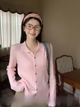 ポロカラーのピンクニットトップス【春秋用・女性用・おしゃれデザイン】（セットアップ対応）