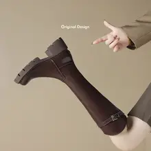 本革Vカットロングブーツ【加毛・厚底・粗ヒール・秋冬用】