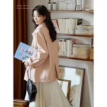 Moriirose 薄ピンクカラーレトロ風通勤用PUレザーアウター【フレンチカラー・ラグランスリーブ・春用】