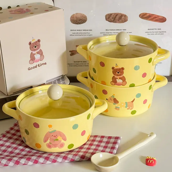 可愛いドット模様の蓋付き丼【大容量・学生用・便利なラーメンボウル】