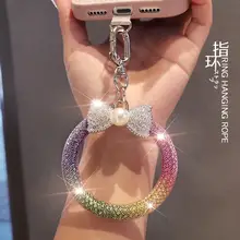 蝶結びデザインのスマホストラップ【高級感ある水晶装飾・キーリング付き・アウトドア用】（セットアップ対応）