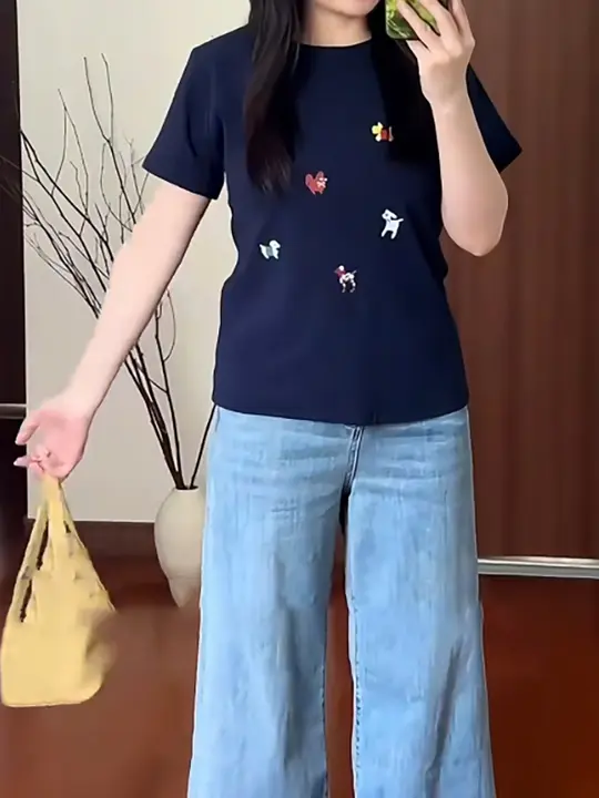 犬刺繍入りコットン半袖Tシャツ【大きいサイズ・夏用・ネイビー】