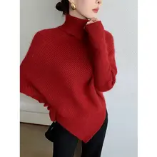 SUSUS レッドハイネック不規則ニットトップス【秋冬用・女性用】